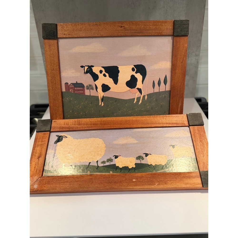 Fayre Cooper Folk Art Framed Prints Set Cow Sheep Farmhouse Rustic Wood Decor